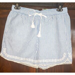 Talbots Womens Blue White Striped Linen Blend Shorts Tassel Pom Pom Trim Size M
